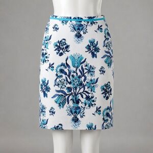 Talbots Blue Floral Chinoiserie Knee Length Pencil Skirt White Cotton Blend Sz 4